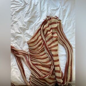 Monse One-Sleeve Tie-Neck Fringed Striped Plissé Silk-Chiffon Dress